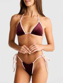 Women Halter String Bikini Set Tie Side Thong Cheeky Two Piece Swimsuits Solid Color Bathing Swimwear - Multicolor - View 1