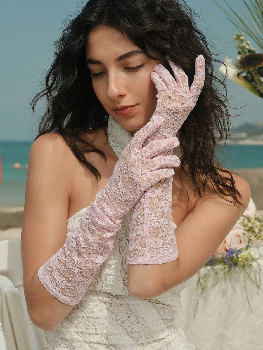 Opalesca 1 件女士玫瑰花朵蕾丝晚礼服长袖罩衫万圣节配饰冬季手套情人节 - 粉色 - 查看 1