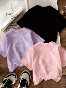 Teen GirlTropical Print Round Neck Short Sleeve T-Shirt, Summer Top - Mauve Purple - View 2