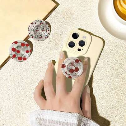 1个樱桃图案手机支架，可折叠气垫支架，伸缩式手机支架，桌面支架，可调节，可伸缩，轻便，360°旋转，兼容苹果和安卓手机，生日、家庭、朋友礼物，挤压气泡手机支架，手机配件