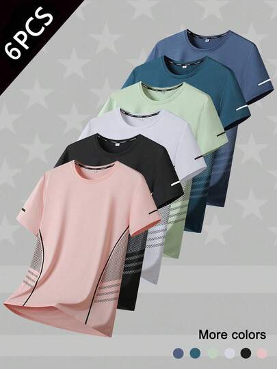 6pcs Women's Breathable Quick Dry Sports T-Shirt Set, Side Mesh Panel With Contrast Piping For Gym & Running, Moisture Wicking Tee