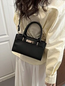 Bolsa Feminina De Cor Sólida (1 Peça), Decorada Com Fecho Giratório De Metal. Ideal Para Festas, Passeios, Férias, Compras E Uso Diário. Comporta Moedas E Celulares, Sendo Também Adequada Como Bolsa Para Mulheres Que Trabalham Em Escritórios, Estudantes Universitárias E Profissionais. Uma Escolha Ideal Para Mulheres Elegantes. - Preto - Ver 3