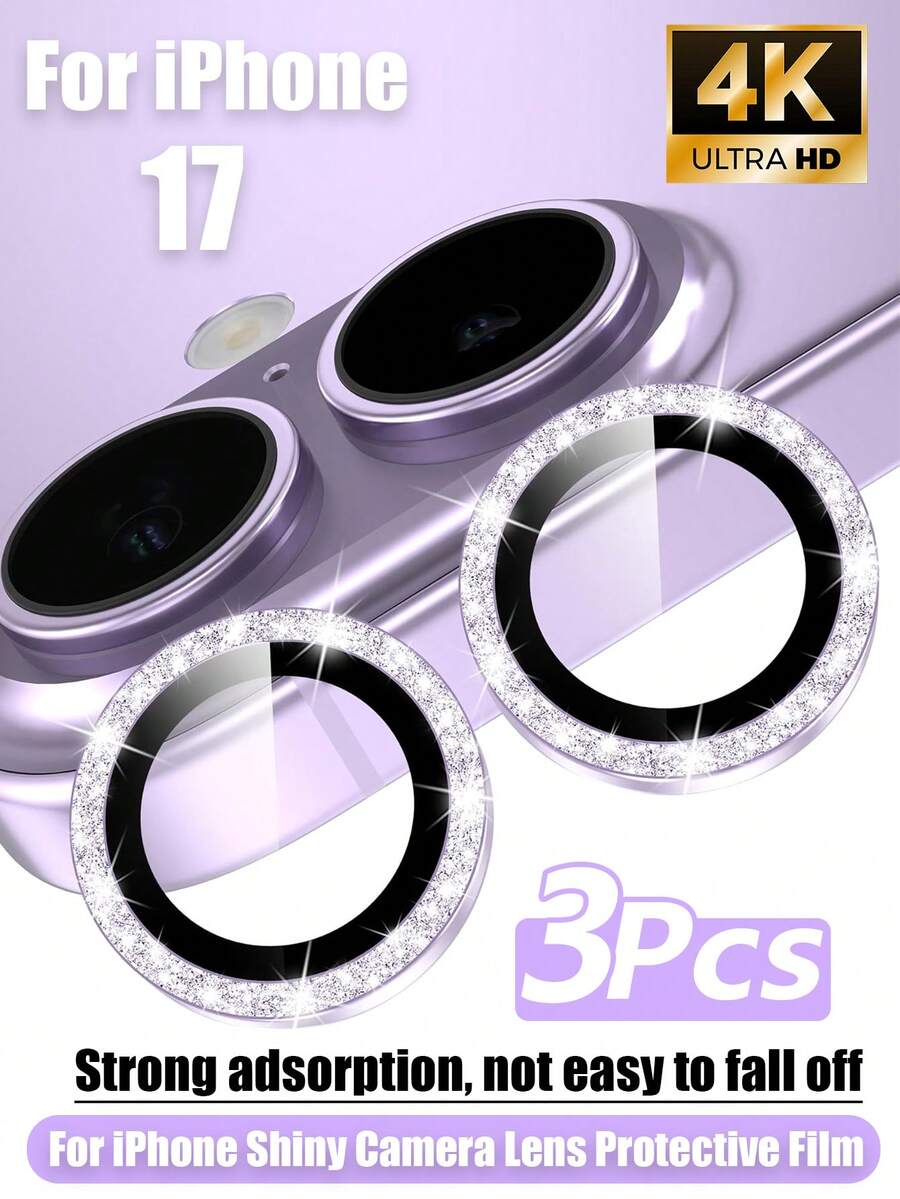 Alloy Camera Lens Protector 3pcs Camera Lens Protector Compatible With IPhone 17/17Pro/17Promax/16/15/14/13/12/11/16Pro/Pro/Promax, Separate Shiny Metal Ring Tempered Glass Camera Screen Protector, Fit For Phone Case (Glitter Purple) Spring Gift Birthday Anniversary - Mauve Purple - View 1