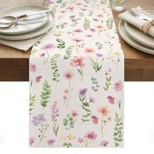 Spring Flower Eucalyptus Leaves Table Runner Holiday Party Decor Washable Farmhouse Kitchen Dining Table Runner Wedding Decorations - Multicolor - View 1