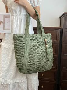 新款时尚多功能手提包，沙滩度假包，轻便优雅的草编包，波西米亚风单肩包，手提包，大容量，适合女性、大学生、青少年，带流苏吊坠 - 綠色 - 查看 8