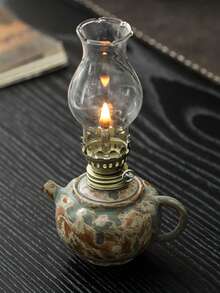 1个陶瓷窑烧釉面油灯，带手柄和灯罩，可调节灯芯，适用于露营、室内照明，可用作陶瓷油灯烛台、煤油灯或防风灯，带火焰控制旋钮 - 1PC - 查看 5