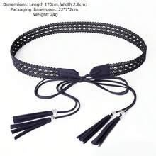 Boho 1pc Hollow Out Tassel Belt Dress Decoration Knot Design Women's All-Match Fashion Waistband For Shirt Dress, Pu Leather Waist Strap Halloween Summer, School Fall, Autumn, Halloween - 黑色 - 查看 5