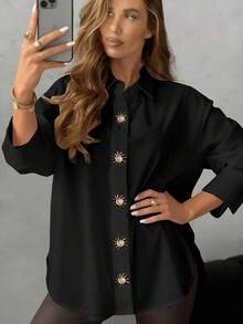 Solstice Apparel Front Button Embellished Metal Sun Disc Dropped Shoulder Lapel Collar Loose White Women Shirt, Casual Blouse For Commute And Office Wear Black Spring - Black - View 5