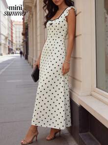 Women's White & Black Polka Dot Square Collar Lace Trim Bow Midi Dress - Elegant Casual Everyday Wear - White - View 4