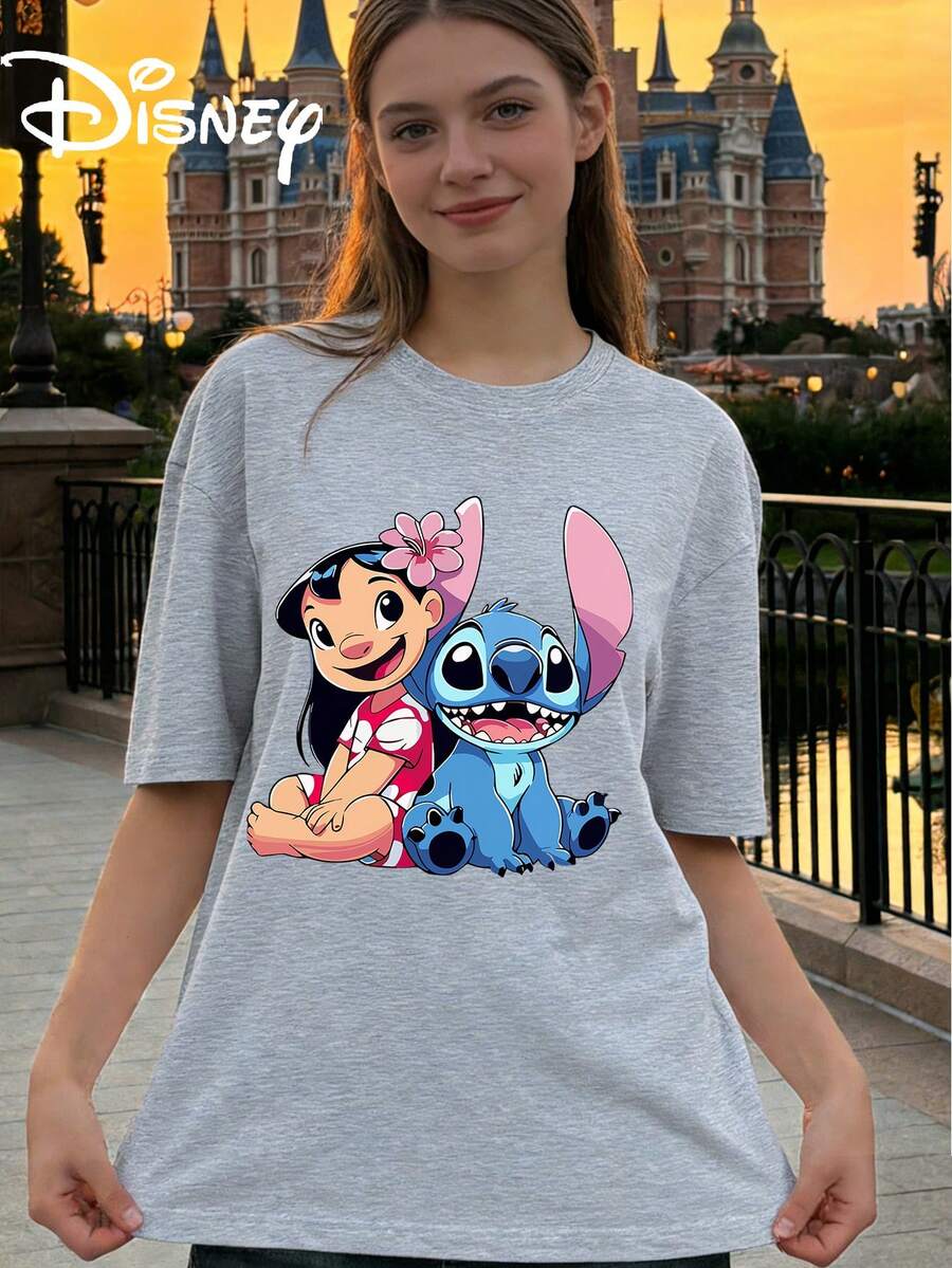 Disney StarCraft Baby Lilo And Stitch Same Frame Printed Loose Short Sleeve T-Shirt Women's Casual Top - Grey - View 1