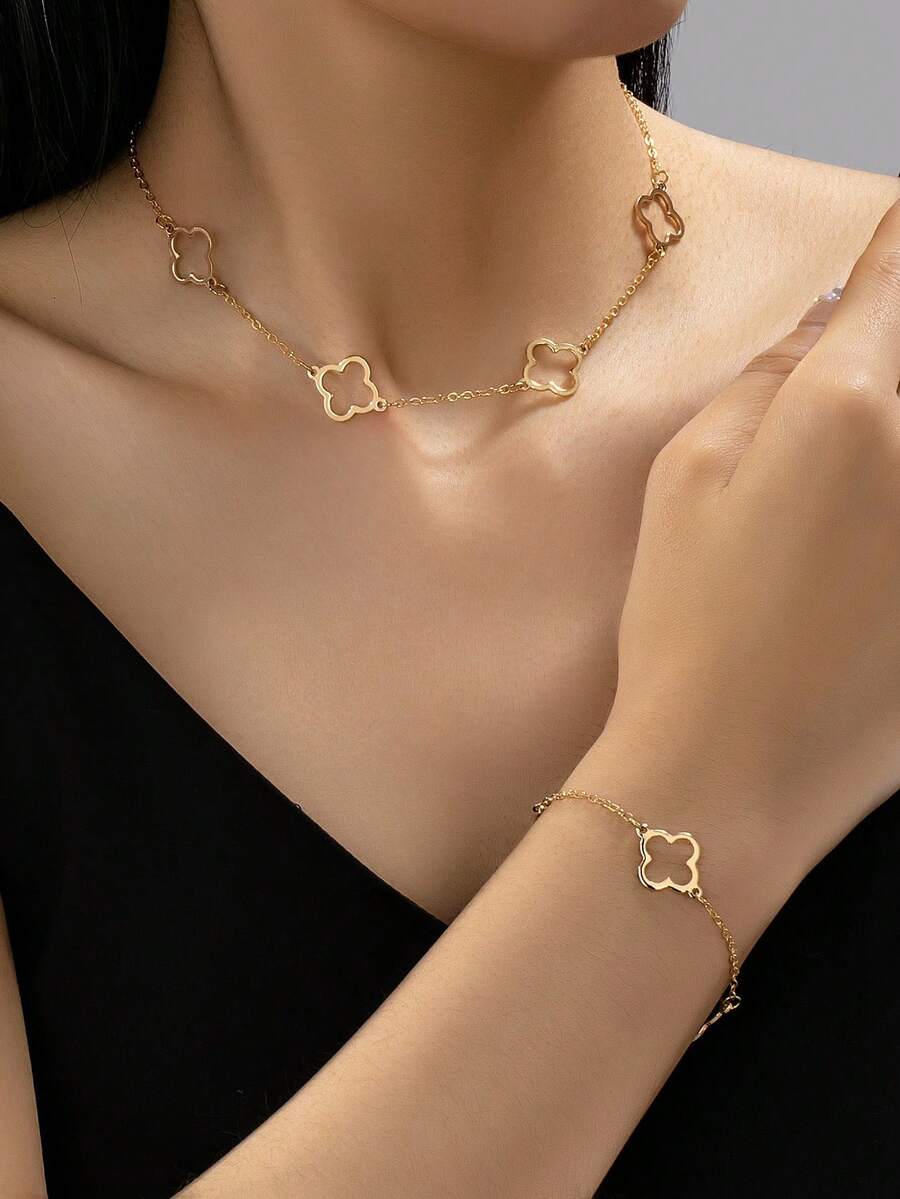 2pcs/Set Gold-Plated Hollow Clover Jewelry Set, Minimalist Floral Necklace And Bracelet, Unique Fresh Accessories For Women - Yellow Gold - View 1