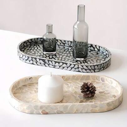 1个黑白椭圆形现代贝壳托盘，表面涂有熔漆 - 椭圆形贝壳镶嵌托盘，创意奢华家居收纳托盘，适用于房间、浴室、梳妆台，是圣诞节、万圣节、感恩节、情人节、生日等节日送给朋友的绝佳礼物。
