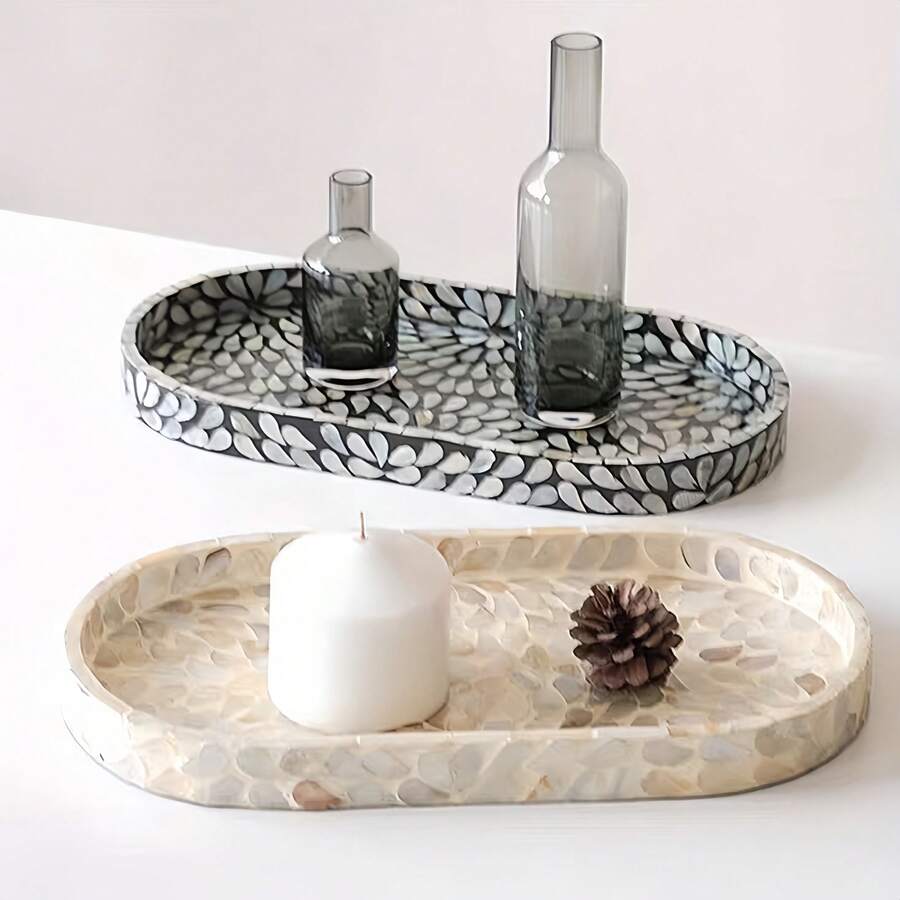 1 pieza Bandeja ovalada moderna de concha negra/blanca, recubierta con pintura derretida - Bandeja ovalada con incrustaciones de concha, bandeja de almacenamiento de lujo creativa, adecuada para habitación, baño, tocador, excelente para Navidad, Halloween, Acción de Gracias, Día de San Valentín, regalo de cumpleaños para amigos