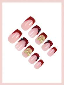 Bộ 24 miếng dán móng tay acrylic hình vuông cỡ trung bình với đầu móng kiểu Pháp màu đỏ, nơ vàng, đá pha lê đỏ và họa tiết hoa đen, phong cách tối giản, phù hợp cho móng tay giả dùng hàng ngày của phụ nữ. - Nhiều màu - Xem 3