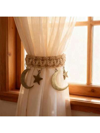 1/2 piezas Clip de cortina de cuerda trenzada con hebilla de metal en forma de estrella y luna, estilo bohemio, adecuado para sala de estar, dormitorio, regalos festivos