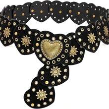 Western Vintage Hollow Wide Disc Leather Belt For Women - Boho Chunky Waist Belt With Cowboy Metal Buckle & Concho, Stylish Versatile Western Boho Accessory - 黑色 - 查看 11