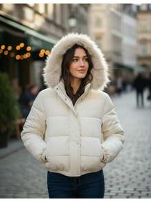 Women's Winter Jacket With Lined Puffer Hood And Fleece Lining - 米色 - 查看 1