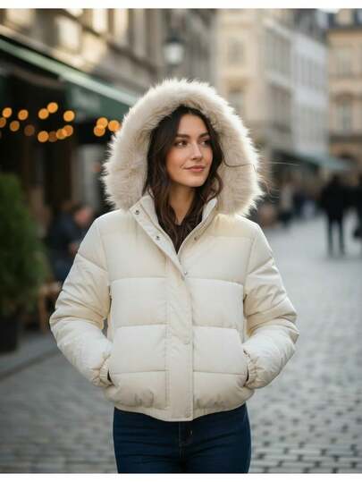 Jaqueta Feminina Inverno Forrada Puffer Capuz Peluciado