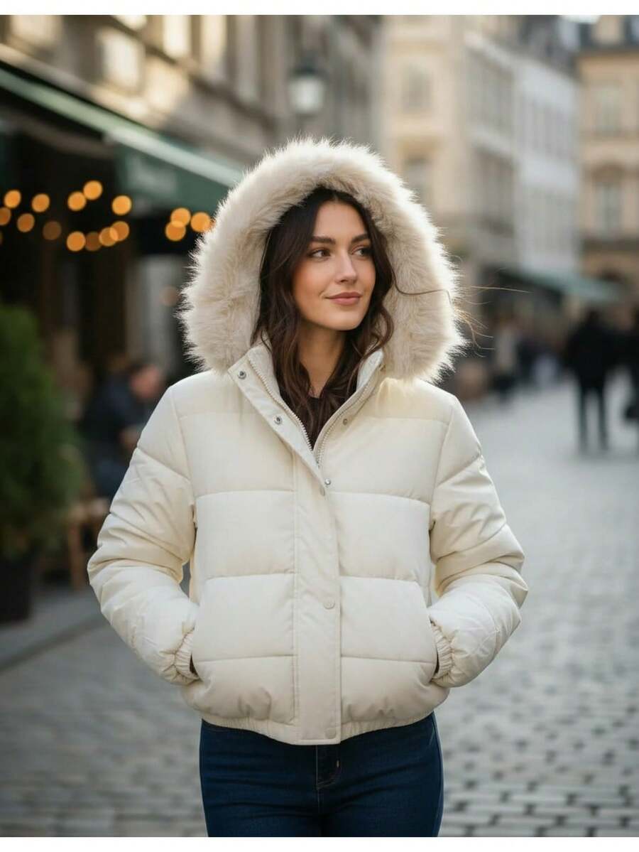 Women's Winter Jacket With Lined Puffer Hood And Fleece Lining - 米色 - 查看 1