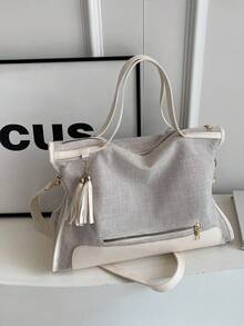 Women's Minimalist Color Block Fringe Zipper Decor Tote Bag - White - View 11