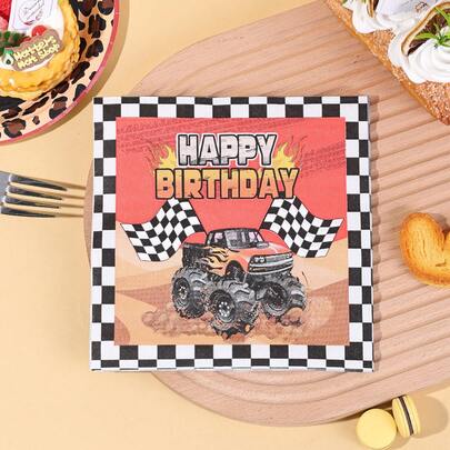 20pcs/40pcs/60pcs,Monster Truck Birthday Decorations, 2-Ply 6.5x6.5 Inch Happy Birthday Truck Racing Napkins For Monster Truck Theme Party Decorations, Truck Theme Party Tableware Set, Disposable Paper Towels For Truck Theme Birthday Parties