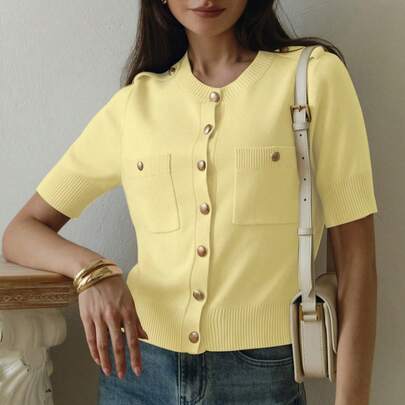 Maglietta a maniche corte in stile vintage elegante, cardigan a maniche corte in maglia tinta unita, blusa casual da donna, magliette a maniche corte,