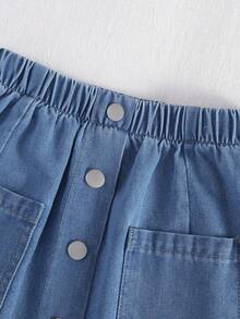 两件套少女夏季休闲时尚粉色荷叶袖上衣和时尚纽扣牛仔裙套装 - 彩色 - 查看 7