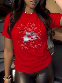 1pcs Star Flame Face Graphic Print T Shirt 220g Celestial Theme Women's Casual Round Neck 100% Cotton Tee Street Style Vintage Aesthetic Top - Red - View 1