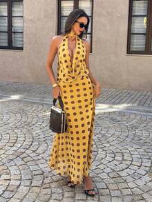 Women's V-Neck Long Tie-Waist Polka Dot Sexy Slip Dress, Suitable For Vacation, Party, Gala, Christmas, Thanksgiving And Other Occasions - Yellow - View 2