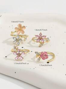 4pcs Romantic Pink Oil Drop Rose Flower Rings, Faux Pearl & Rhinestone 5-Petal Flower Ring Set For Women - Gold - View 3