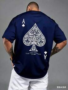 Men's Aces Of Spades Poker Pattern Casual T-Shirt - Soft Polyester Blend, Crew Neck, Short Sleeve, Machine Washable New Casual T-Shirts For Men And Women - 藏蓝色 - 查看 1