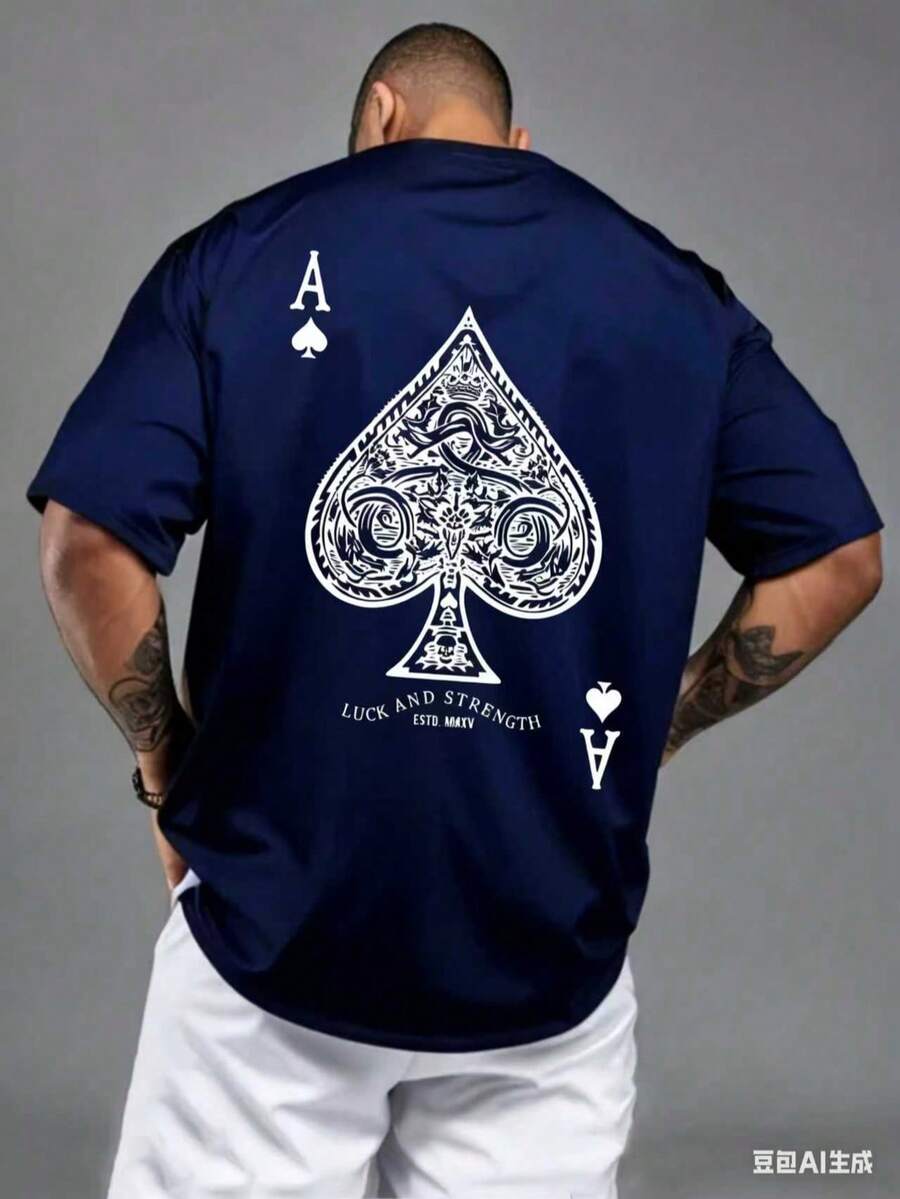Men's Aces Of Spades Poker Pattern Casual T-Shirt - Soft Polyester Blend, Crew Neck, Short Sleeve, Machine Washable New Casual T-Shirts For Men And Women - 藏蓝色 - 查看 1