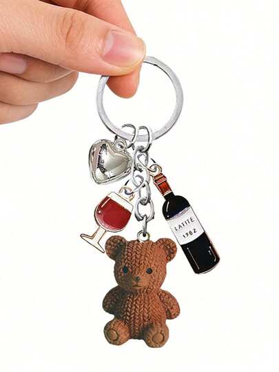 1pc Cute Teddy Bear Keychain Pendant, Knitted Teddy Bear Design With Wine Bottle, Wine Glass And Heart Patterns, Mini Resin Material, Suitable As Women Fashion Accessory, Home Key, Bag Decor, Earphone Pendant, Phone Case Charm, Car Keychain, Ideal Gift For Holidays And Birthdays