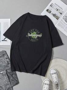 Men's T-Shirt, Women's T-Shirt,  St Patrick's Day Themed Designs Featuring,  Let The Shenanigans Begin With A Green Clover In The Center Of A Circular Design On A Black T Shirt Comfortable And Versatile Outdoor Casual Short Sleeve - Negro - Ver 5