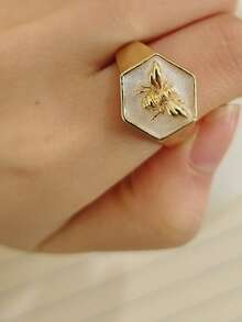 1枚复古优雅镂空蜜蜂设计戒指，简约珠宝，适合周年纪念、订婚、婚礼、派对、节日等场合（不含包装盒） - 金色 - 查看 2