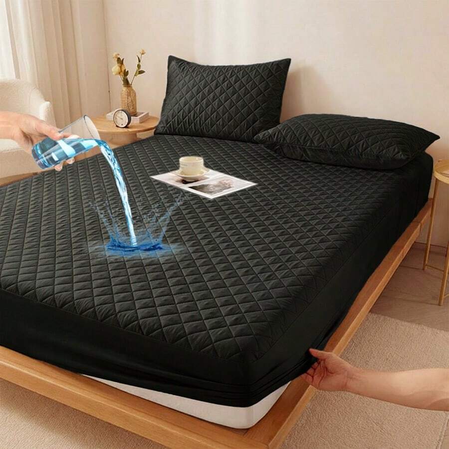 AVXLRQ 1pc Deep Pocket Waterproof Mattress Cover Solid Color Bed Sheet Soft, Comfortable, Breathable Mattress Protective Cover In Multiple Sizes Twin/Full/Queen/King Optional For Bedrooms, Guest Rooms, Apartments (Pillowcases Not Included) - 黑色 - 查看 1