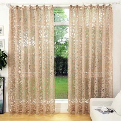 1pc Luxury European Style Curtain With Eyelets, Beige Floral Jacquard Sheer Curtain, Suitable For Living Room & Balcony, French Country Style Home Decor, Machine Washable