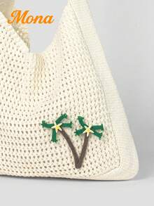 新款编织单肩包，休闲度假沙滩包，钩针手提包 - 米色 - 查看 4