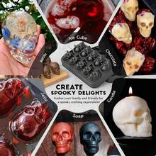 3D Skull Silicone Ice Cube Tray, Flexible Silicone Freeze Mold, Reusable Whiskey Ice Cube Mold, Cute Skull Ice Cubes For Chilled Cocktails, Champagne, Juice And Beverages, Baking Chocolate Resin Skull Mold, Ideal Party Gift - Black - View 2