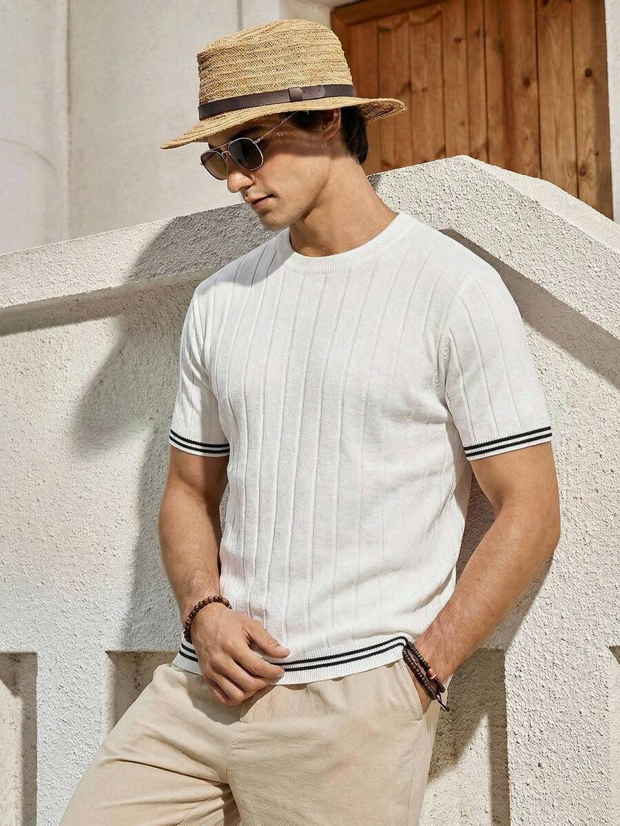 Mercer Haus 男士圆领短袖条纹纯色拼接休闲针织上衣，适合夏季在夏威夷热带地区度假穿着。 - 白色 - 查看 1