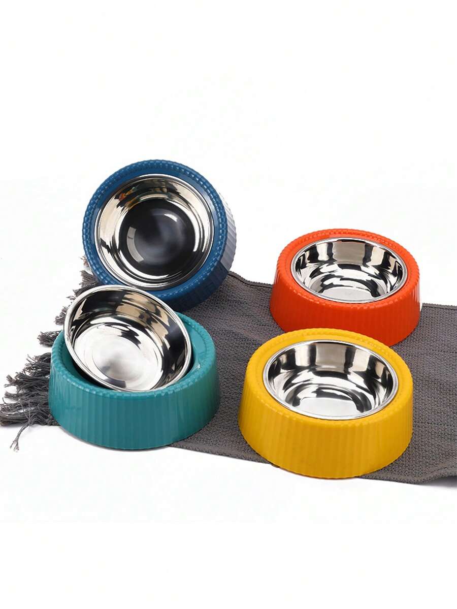 1pc Stainless Steel Vertical Stripe Pet Bowl, Dog Cat Food Water Bowl, Pet Supplies - 400ml - View 1