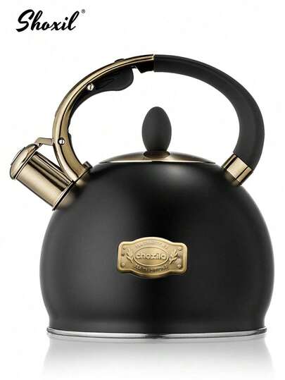 shoxil 1pc 3L Luxury Style Stainless Steel Teapot, Tea Kettle, Coffee Pot, Water Kettle, Dust-Proof Whistle Design, Heat-Resistant, Thickened Base, Golden Decorative Plaque, For Home, Coffee Shop