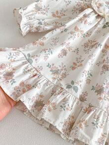 Baby Girls' Floral Print Ruffled Collar Princess Dress, Spring/Autumn - Apricot - View 7