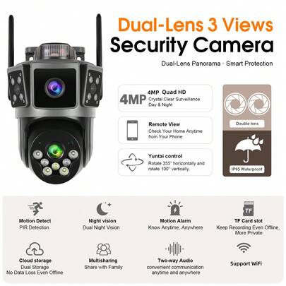 Outdoor Dual Lens Safety Camera With 355 ° Pan Tilt Rotation And No Blind Spots For Monitoring. Supports WIFI Connection And Adapts To Smart Home Scenarios. The Color Night Vision Function Ensures Clear Imaging At Night, And The AI Human Motion Sensor Provides Real-Time Alarms, Allowing For Remote Monitoring Of Children, The Elderly, And Pets. Paired With Cloud Storage And Exclusive Apps, It Is Easy To Achieve Home Monitoring And Remote Control, Safeguarding Home Security.