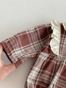 Spring Baby Girls' Plaid Romper, Korean Style Lace Trim Bodysuit, Autumn - Red - View 4