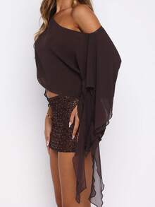 Women's Ruched Cape One Shoulder Poncho Double Layer Shrug See Through Flowy  Asymmetrical Neck Fitted Crop Top - Chocolate Brown - View 7