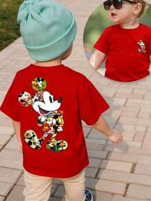 Disney-Collage Mickey Mouse Printed Children's T-Shirt In Red, Breathable And Comfortable Short Sleeved, Men's And Women's Daily Casual Basic Top - Đỏ - Xem 1
