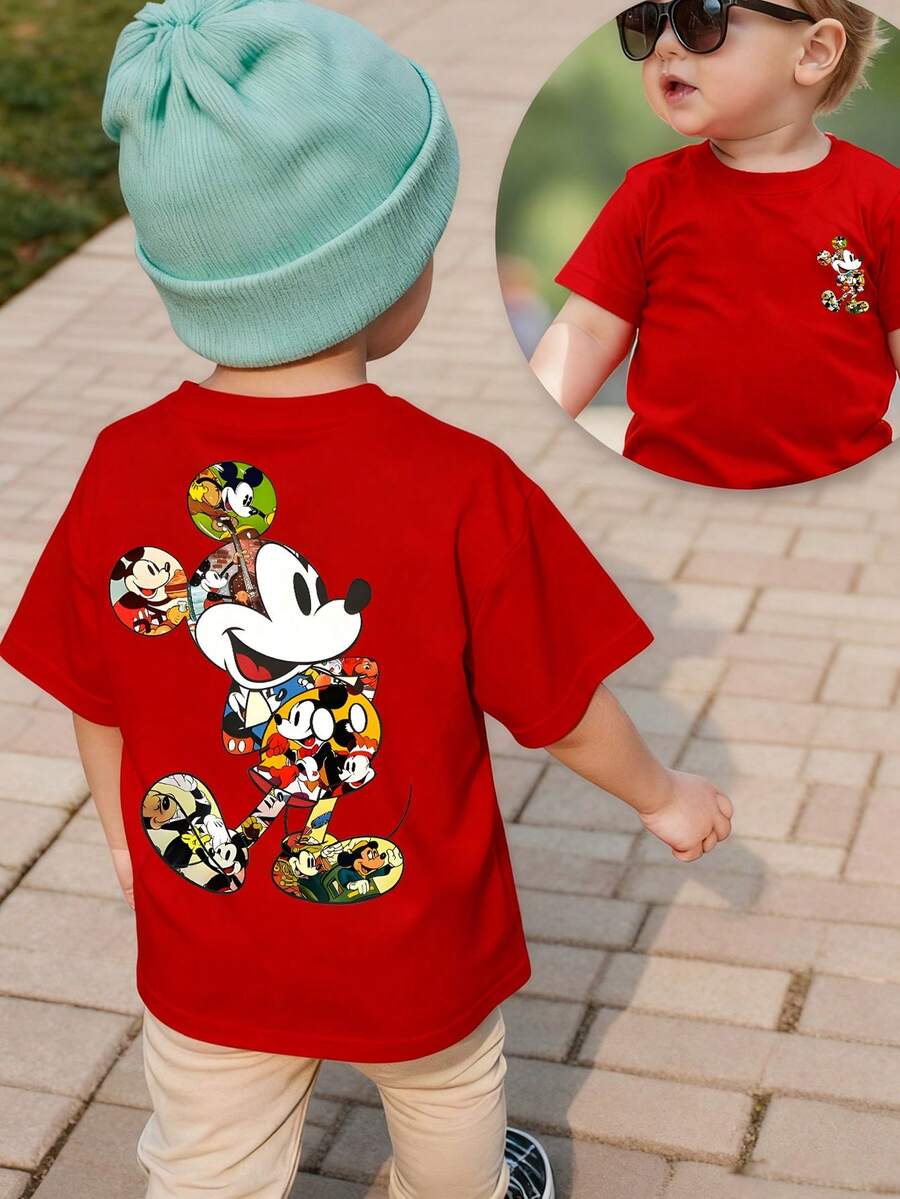 Disney-Collage Mickey Mouse Printed Children's T-Shirt In Red, Breathable And Comfortable Short Sleeved, Men's And Women's Daily Casual Basic Top - Đỏ - Xem 1