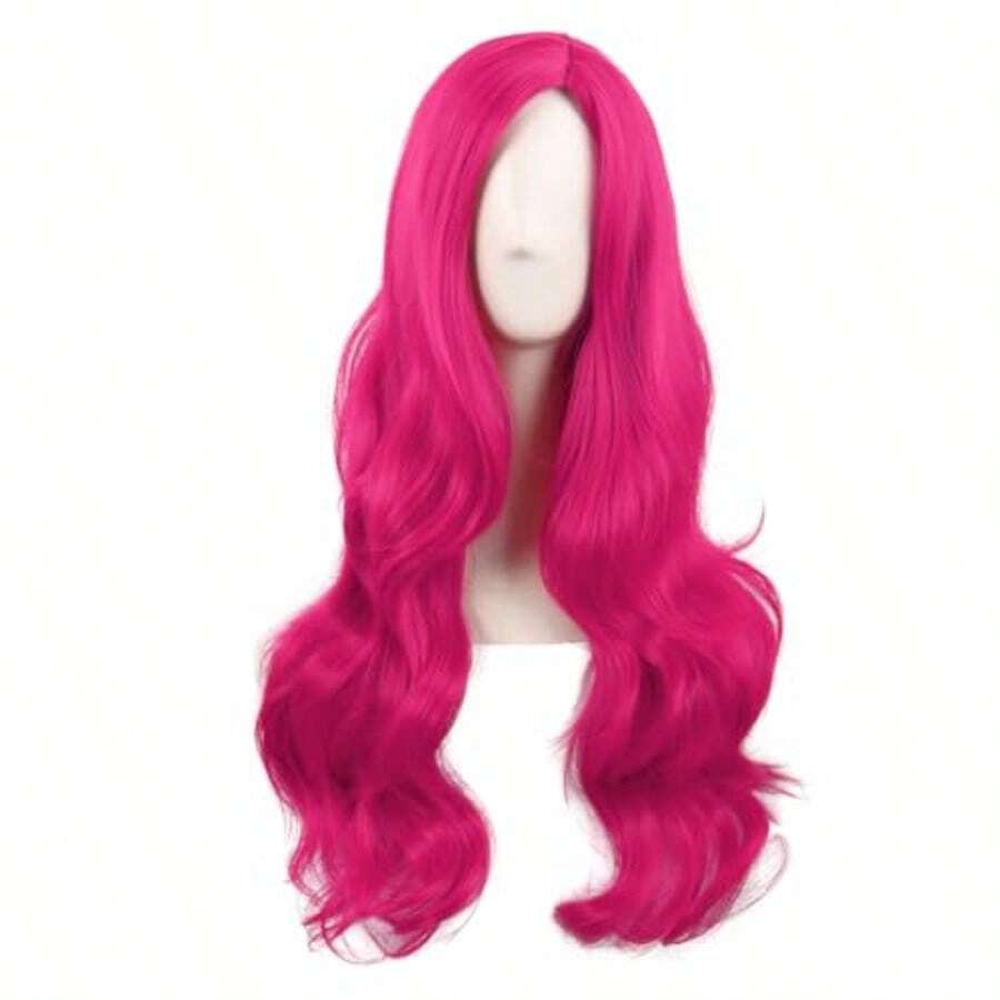 D28 Inch/70 Cm Cosplay Long Wavy Curly Synthetic Fiber Side Bangs Anime Fashion Party Hair Wig Hot Pink - Hot Pink - View 1