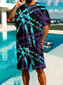 Two-Piece, Distinctive Geometric, Knitted Fabric, Crisp Lines, Men's Poolside Relaxation, Summer Island Getaways, Black Background With Purple-Teal Radial Pattern, Men's Short-Sleeve Beach Pants Set - Nhiều màu - Xem 2